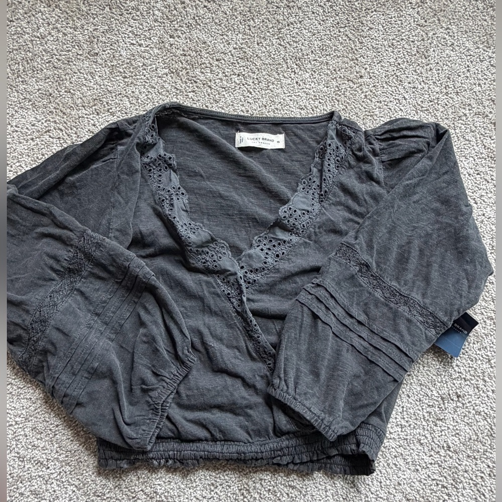 Lucky Brand Charcoal Eyelet V-Neck Blouse
